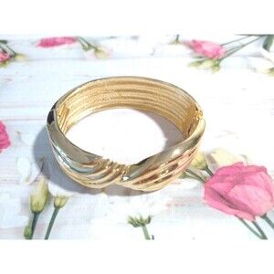 Wide Gold tone Cuff Hinged Bangle Bracelet